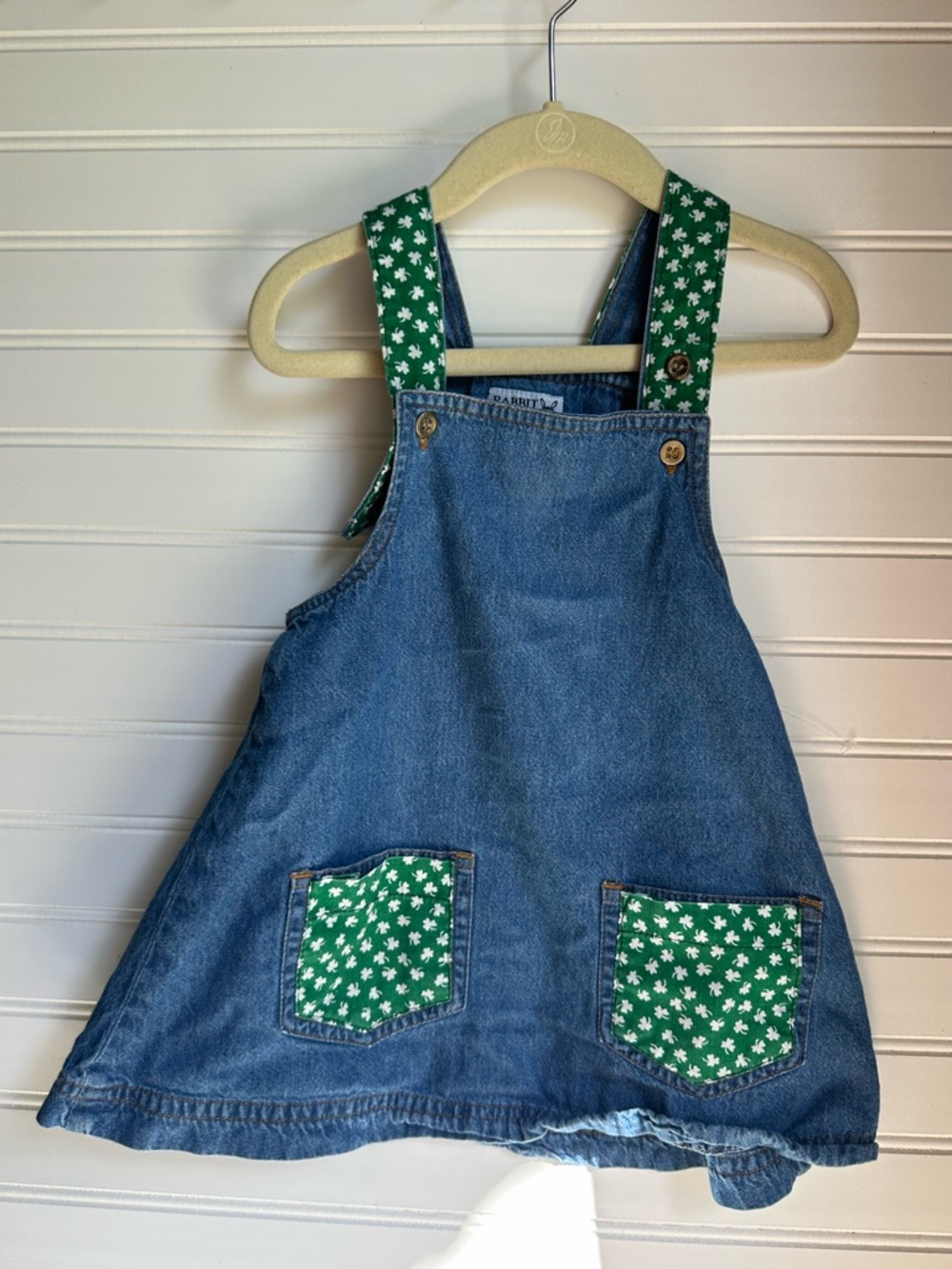 Rabbit Skins Denim Overall Dress with Green Clover Straps